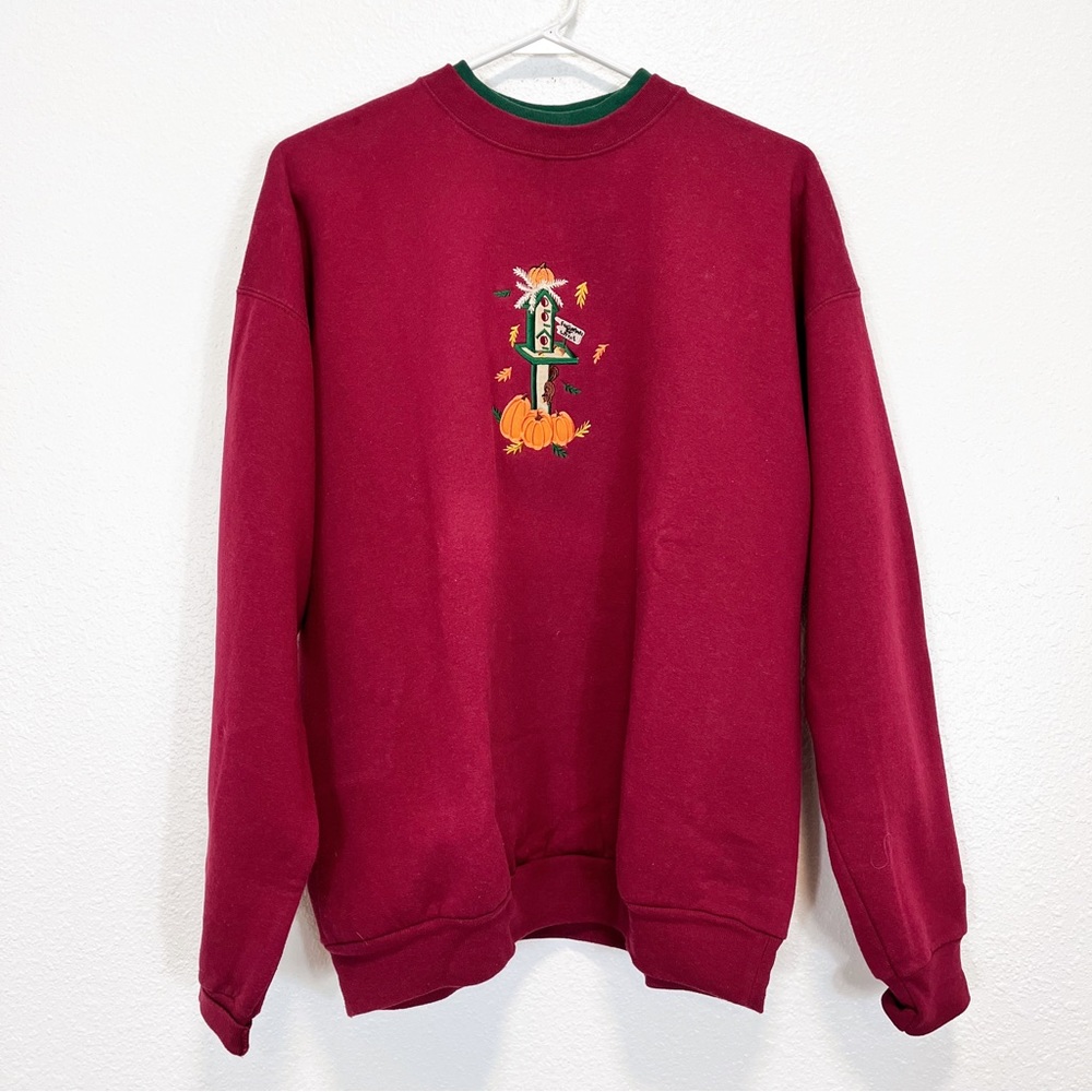 Fall Pumpkin Halloween Sweatshirt Birdhouse Squirrels  Size Large Vintage